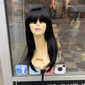 Black Straight Bang Shoulder Length Regular Wig Cap